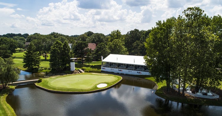 Playoff artwork with Memphis blues, bold stripes, and Southwind-inspired fairway lines.